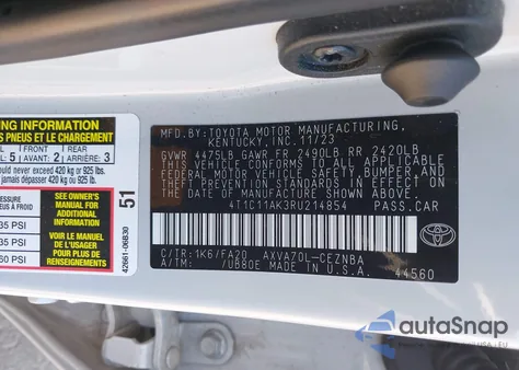 2024 Toyota Camry Le из США, поврежденный, VIN 4T1C11AK3RU214854